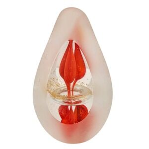 3G Imports‎ Vintage Svaja Frosted Glass Paperweight Red Orange Glitter Teardrop